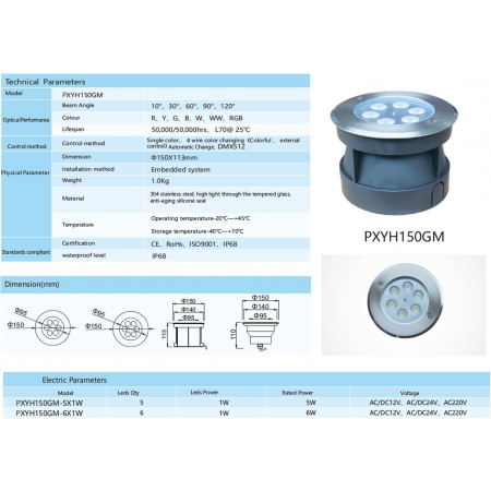 Oprawa LED  PXYH150GM  5 / 6 Watt dowolny kolor+ RGB IP68 stal nierdz.